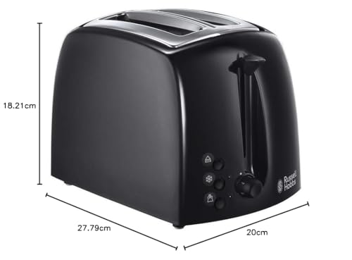 Russell Hobbs Textures 2 Slice Toaster (Extra Wide Slots, 6 Browning levels, Frozen, cancel & reheat function with indicator lights, Removable crumb tray, 850W, Black matt & high gloss finish) 21641