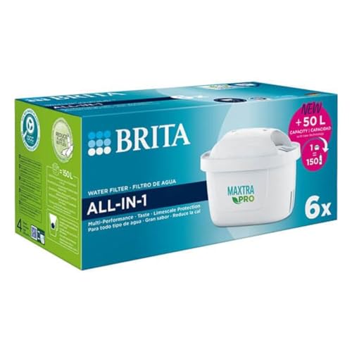 BRITA MAXTRA PRO All in One Water Filter Cartridge 6 Pack - Original BRITA Refill reducing impurities, Chlorine, PFAS, pesticides and limescale for tap Water with Better Taste