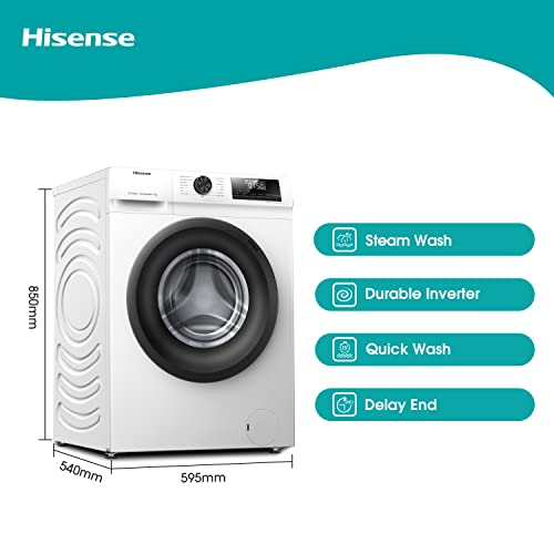 Hisense-WFQP9014EVM-Freestanding-9 KG-Front Load Washing Durable Inverter Machine-Steam Wash-Quick Wash-15 Washing Programs-1400 RPM-White-Energy Rating C