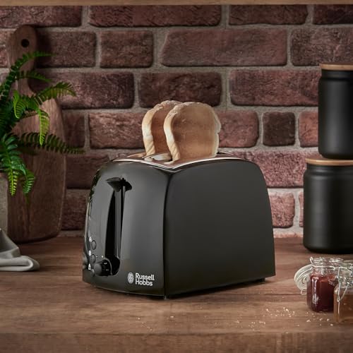 Russell Hobbs Textures 2 Slice Toaster (Extra Wide Slots, 6 Browning levels, Frozen, cancel & reheat function with indicator lights, Removable crumb tray, 850W, Black matt & high gloss finish) 21641