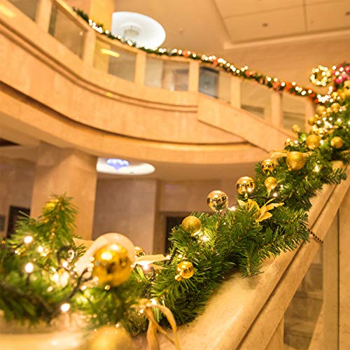 9ft Christmas Garland with LED Lights, Battery Operated Pre-Lit Artificial Garland for Christmas Decor Stairs Wall Door Indoor Outdoor (Golden, ONE SIZE)