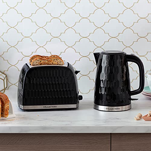 Russell Hobbs Honeycomb Electric 1.7L Cordless Kettle (Fast Boil 3KW, Black premium plastic, matt & high gloss finish, Removable washable anti-scale filter, Push button lid, Perfect pour spout) 26051