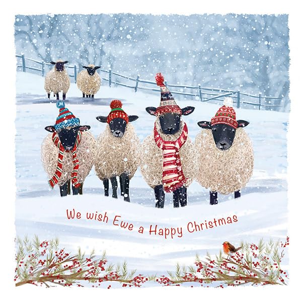 Marie Curie Charity Warm Winter Woollies Christmas Cards Pack of 10 With Envelopes Sheep In Snow With Woolly Hat Scarf We Wish Ewe a Happy Christmas