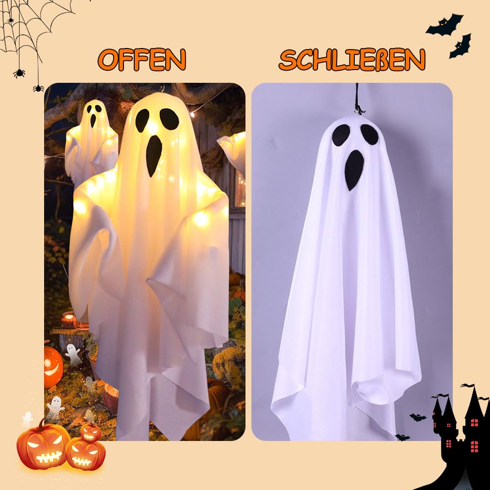 Halloween Decor Scary Hanging Lighted Ghost, 2024 New Halloween Ornaments Spooky Outdoor, Ghost Lights Glowing for Halloween Tree Decorations (1, White)