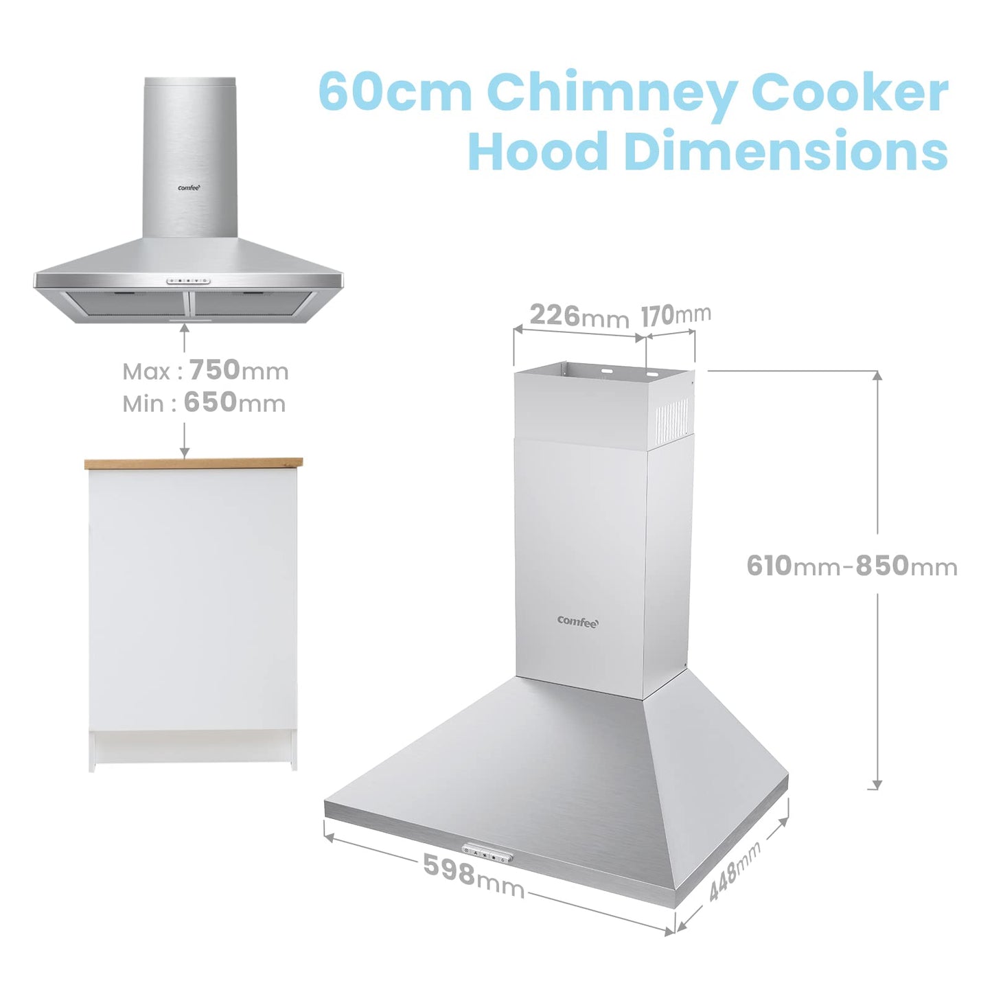 COMFEE' 60 cm Chimney Cooker Hood Stainless Steel Extractor Hood with LED and Recirculating & Ducting System Wall Mounted Range Hood 600 mm Extractor Fan kitchen- Stainless Steel