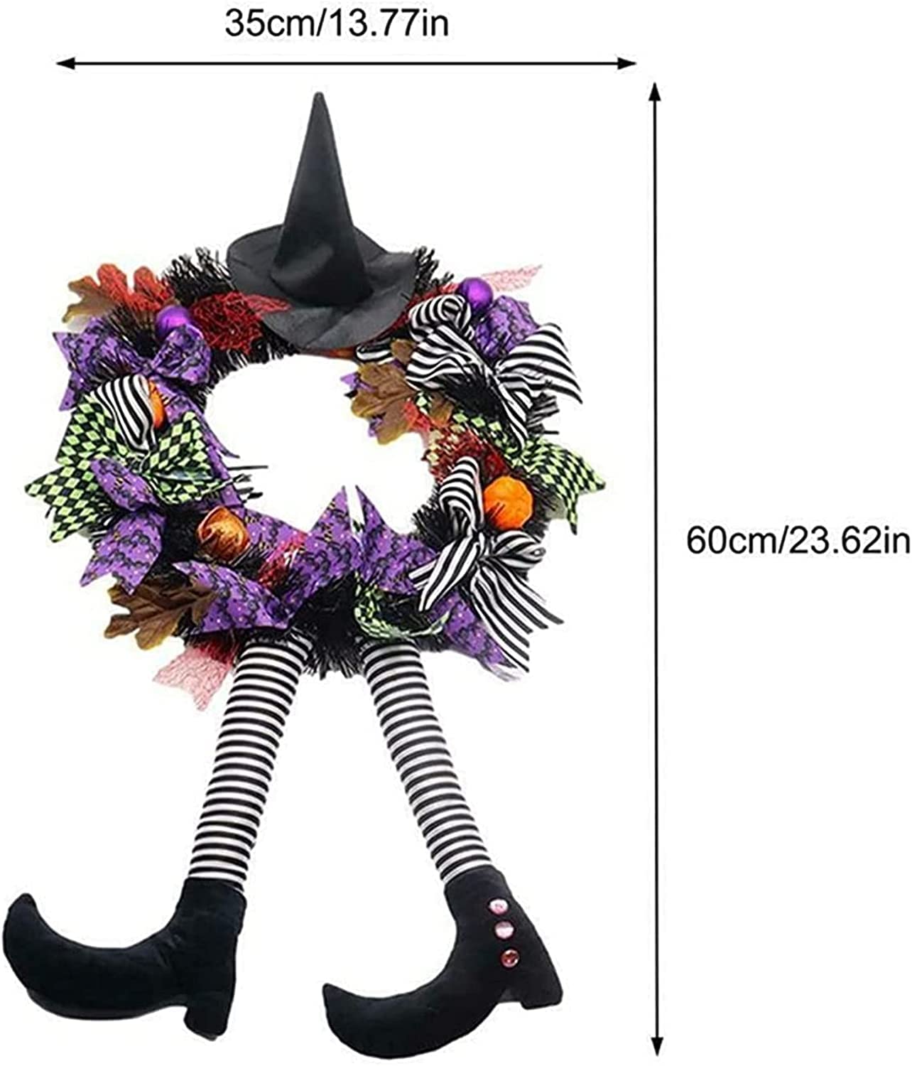 SHAVINGFUN Halloween Decorations,Halloween Wreath,Halloween Witch Wreath Black Wreath with Hat Witches Legs Pumpkin,Indoor Outdoor Home Halloween Decor