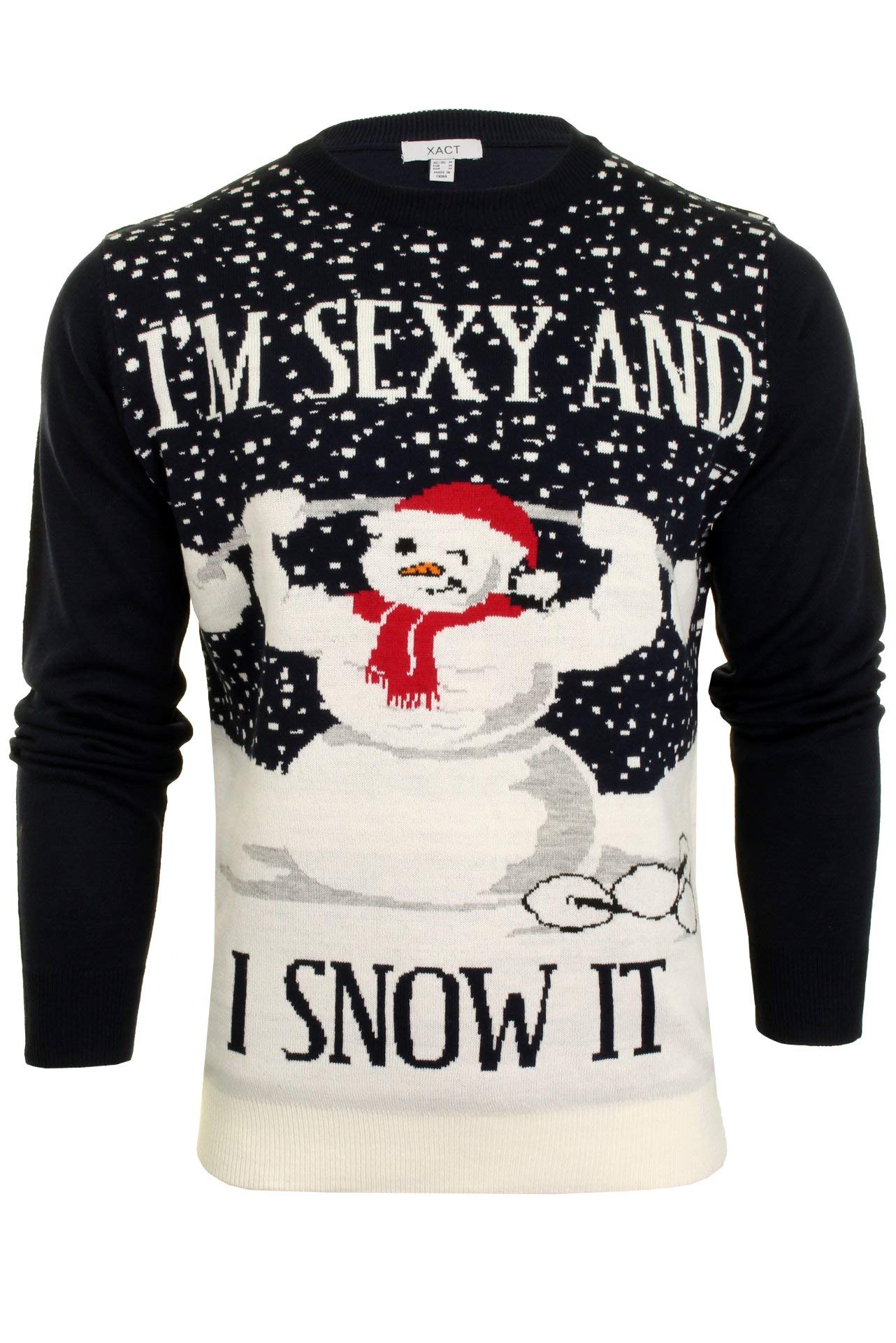 Xact Men's Novely Funny Christmas Jumper, Sexy & I Snow It Slogan, Crew Neck (Navy) L