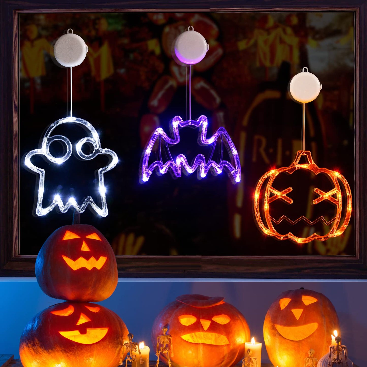 LOLStar Halloween Decorations 3 Pack Orange Pumpkin, White Ghost, Purple Bat Halloween Window Lights with Suction Cup, Battery Operated Halloween Lights, 2023 Upgrade Slow Fade and Mode Timer Function