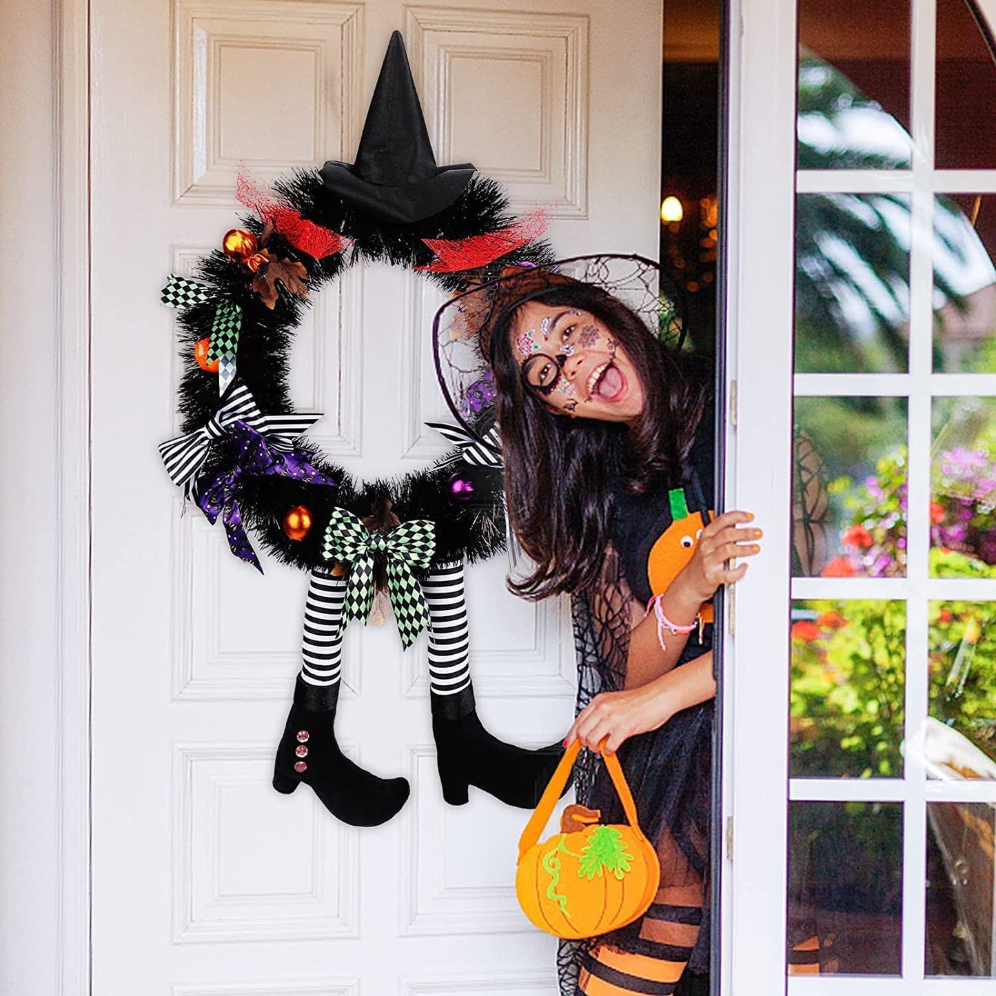 SHAVINGFUN Halloween Decorations,Halloween Wreath,Halloween Witch Wreath Black Wreath with Hat Witches Legs Pumpkin,Indoor Outdoor Home Halloween Decor