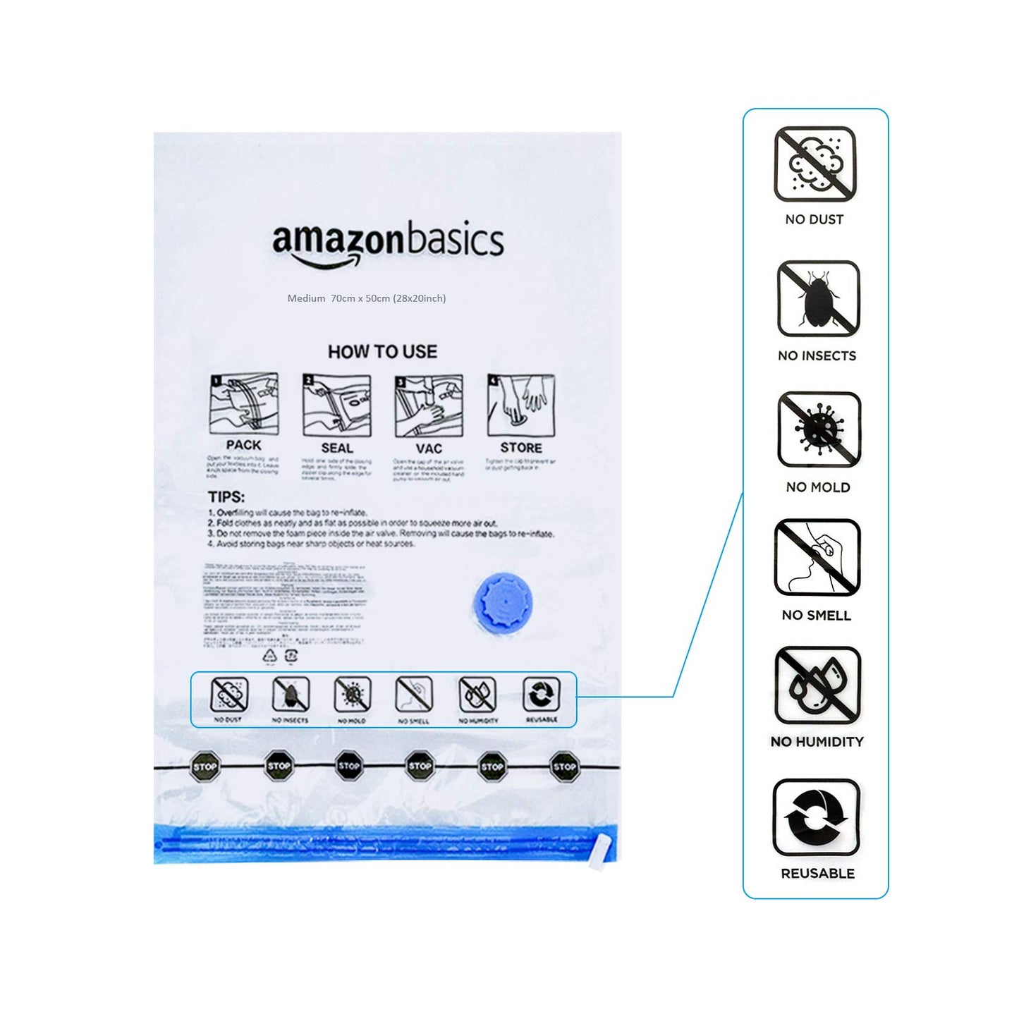 Amazon Basics Vacuum Compression Zipper Storage Bags with Airtight Valve and Hand Pump, Large, 5-Pack, Clear