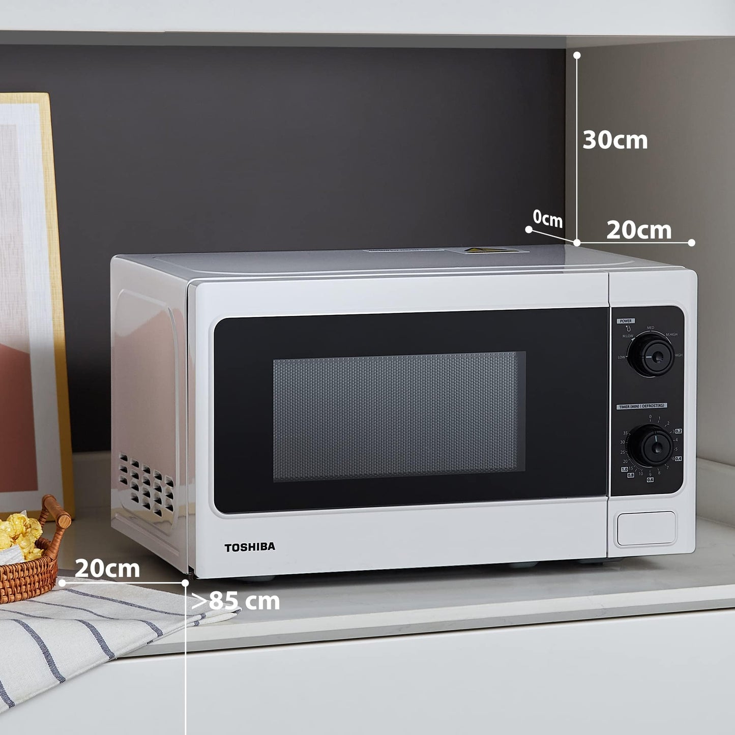 TOSHIBA 20 Liter 800W Manual Control Solo Small Microwave, Compact with 5 Power Levels, Automatic Defrost Function, Perfect for 9'' pizza, Clock and Timer, Easy Clean, White- MM-MM20P(WH)