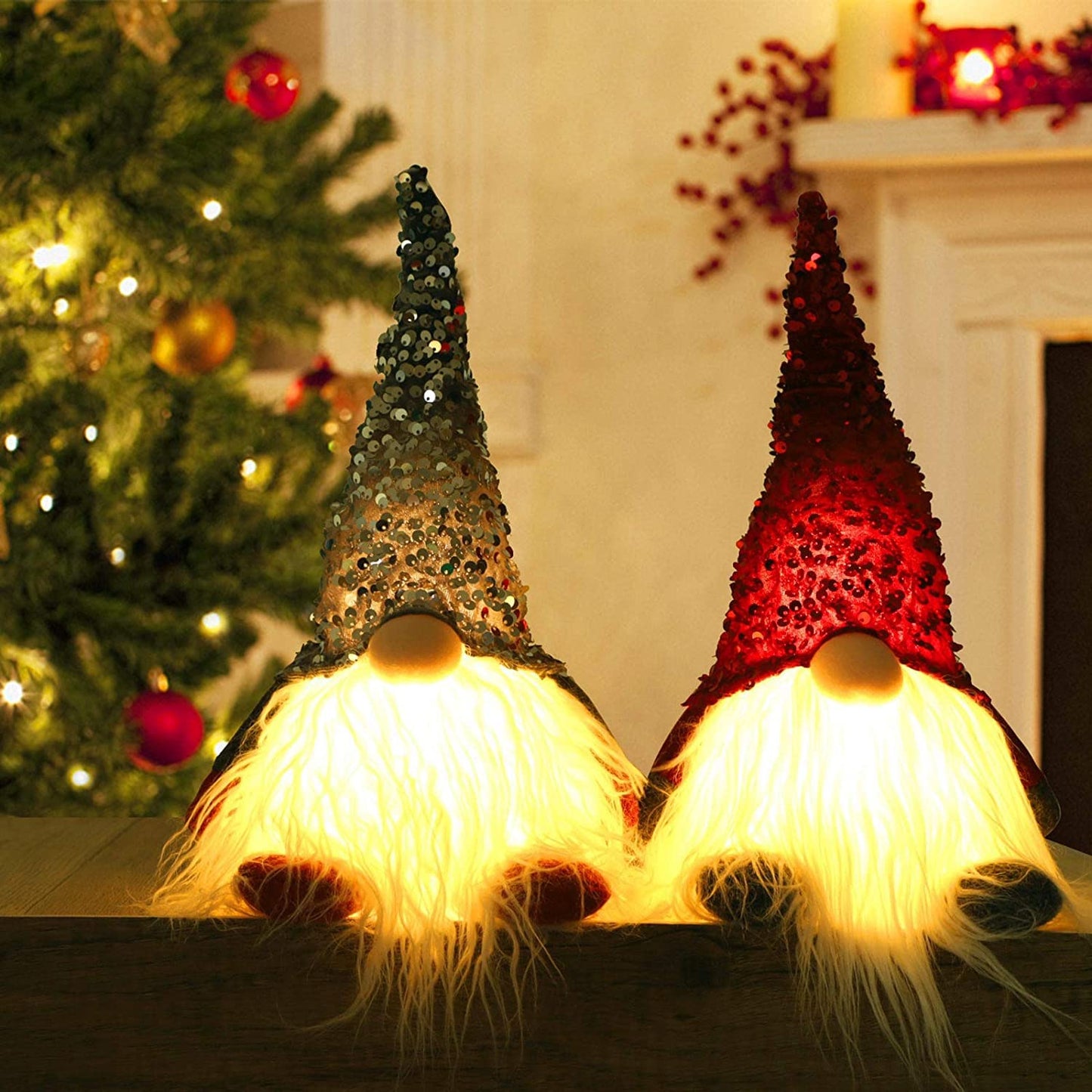 2 Pack Sequin Christmas Gnomes Plush with LED Lighting Beard, Handmade Swedish Tomte Santa Scandinavian Figurine Nordic Plush Elf Doll Gnome Ornaments Christmas Decorations Home Decor Gifts