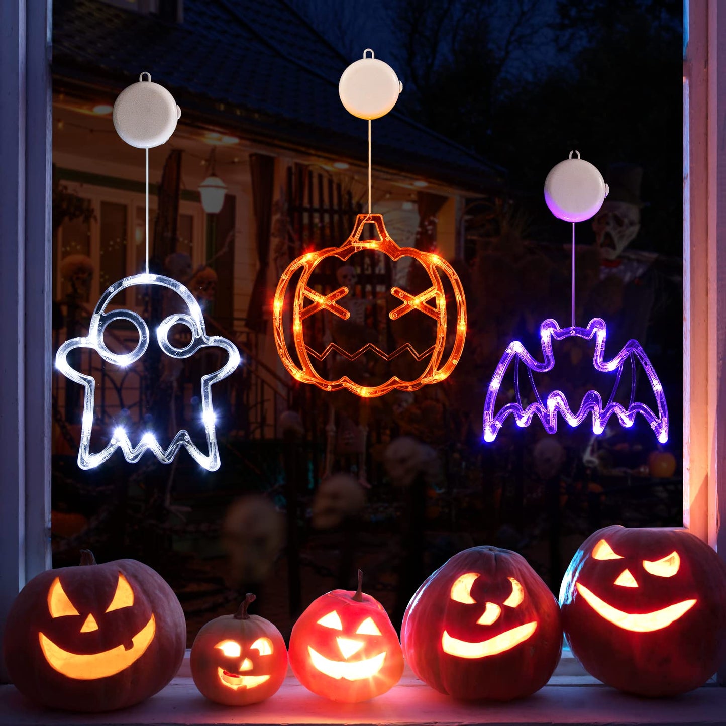 LOLStar Halloween Decorations 3 Pack Orange Pumpkin, White Ghost, Purple Bat Halloween Window Lights with Suction Cup, Battery Operated Halloween Lights, 2023 Upgrade Slow Fade and Mode Timer Function