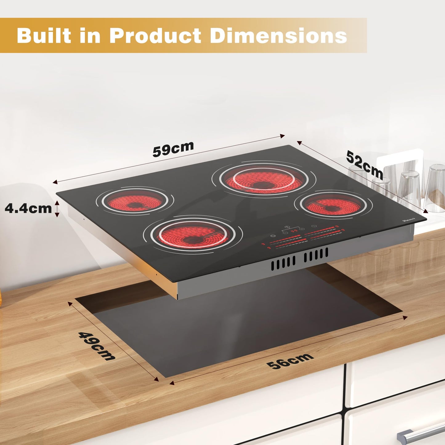 Disaenvir Ceramic Hob 4 Zone, 6600W Electric Hob Built in 4 Burners, 60cm Hard Wired Ceramic Cooker Cooktop with Dual Ring Function, Slide & Touch Control, 9 Power Levels, Safety Lock, Timer, Booster