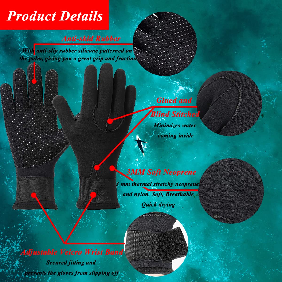 YDQUANI 3mm Neoprene Wetsuit Gloves Anti-slip Thermal Diving Gloves for Men Women Snorkelling Open Water Swimming Surfing