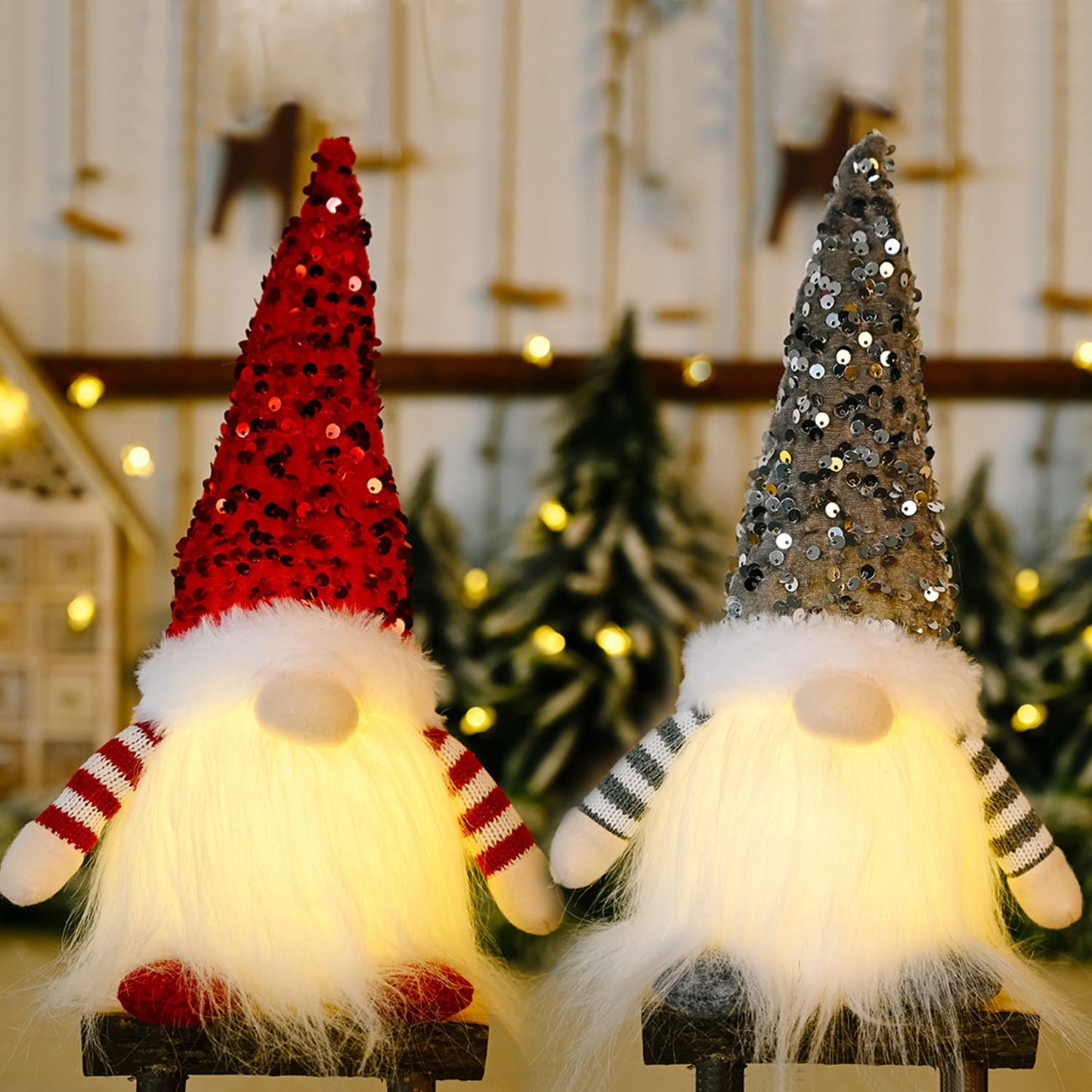 2 Pack Sequin Christmas Gnomes Plush with LED Lighting Beard, Handmade Swedish Tomte Santa Scandinavian Figurine Nordic Plush Elf Doll Gnome Ornaments Christmas Decorations Home Decor Gifts