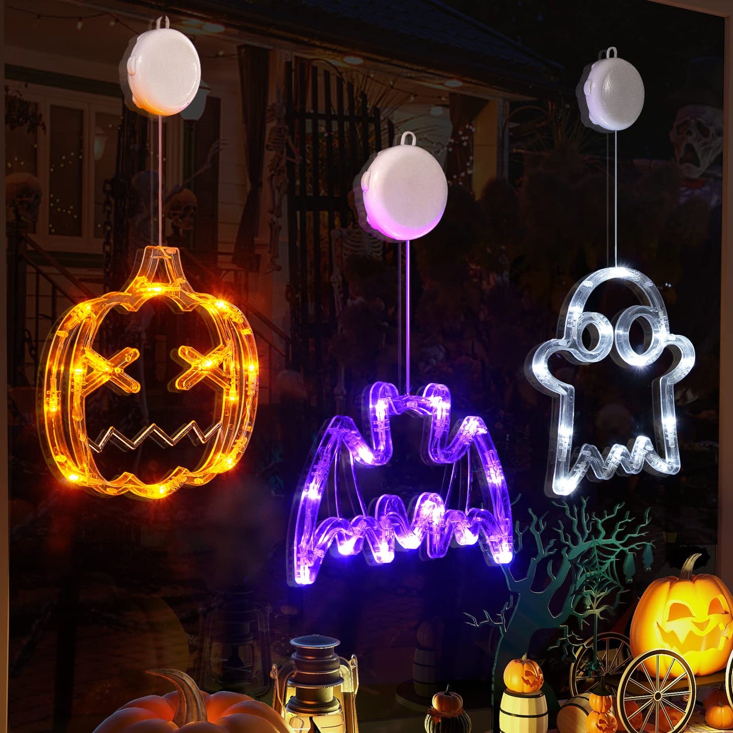 LOLStar Halloween Decorations 3 Pack Orange Pumpkin, White Ghost, Purple Bat Halloween Window Lights with Suction Cup, Battery Operated Halloween Lights, 2023 Upgrade Slow Fade and Mode Timer Function