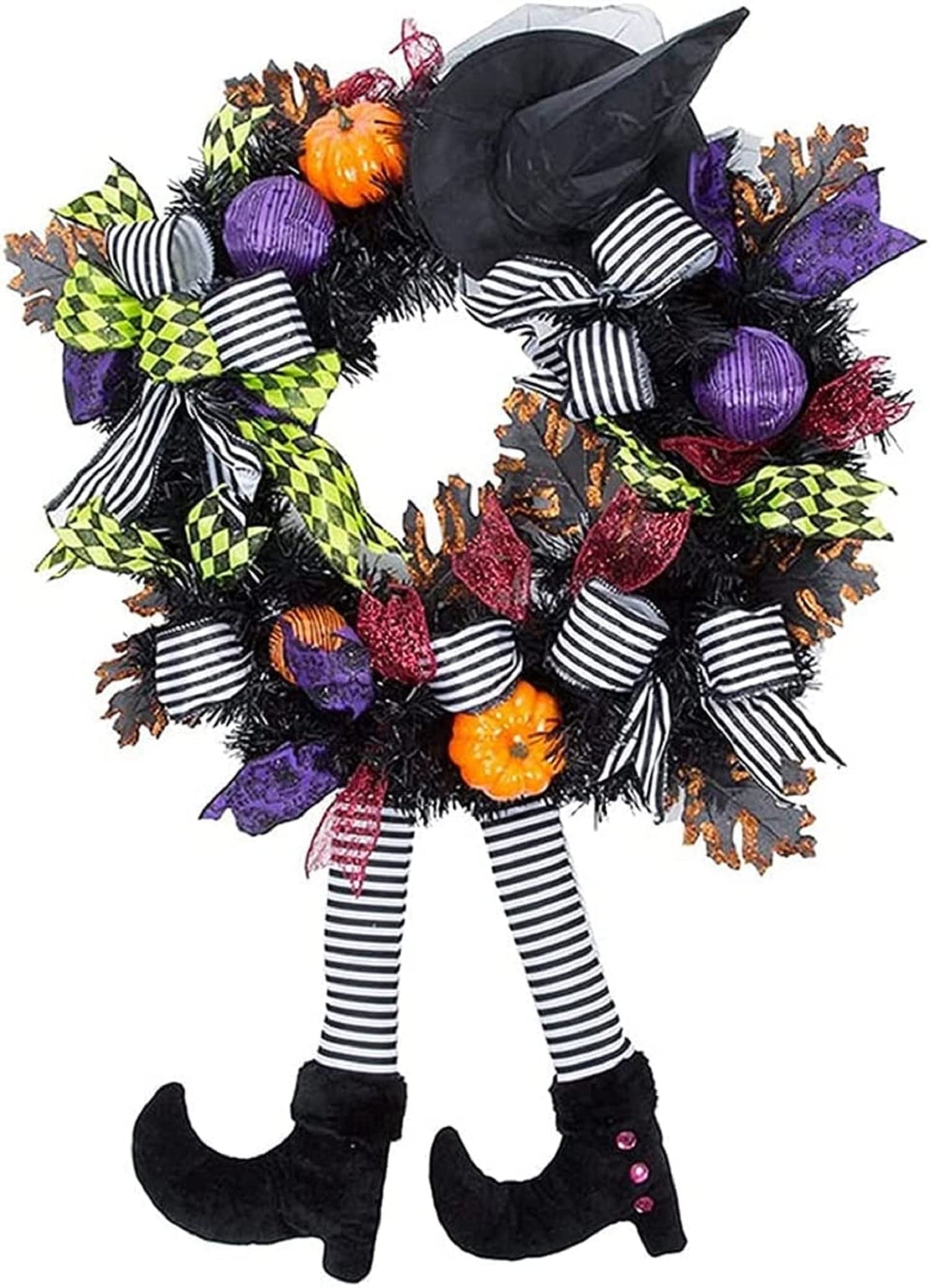 SHAVINGFUN Halloween Decorations,Halloween Wreath,Halloween Witch Wreath Black Wreath with Hat Witches Legs Pumpkin,Indoor Outdoor Home Halloween Decor