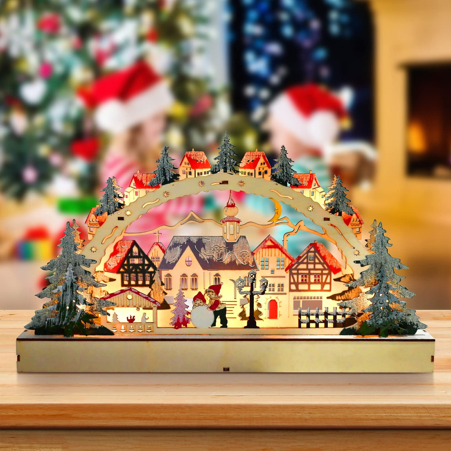 TSLBW Christmas Lights Wooden Festive Scenes LED Wooden Christmas Village Scene Wooden Illuminated Bridge Festive Window Decoration Ornament Indoor Christmas Decoration Battery Operated