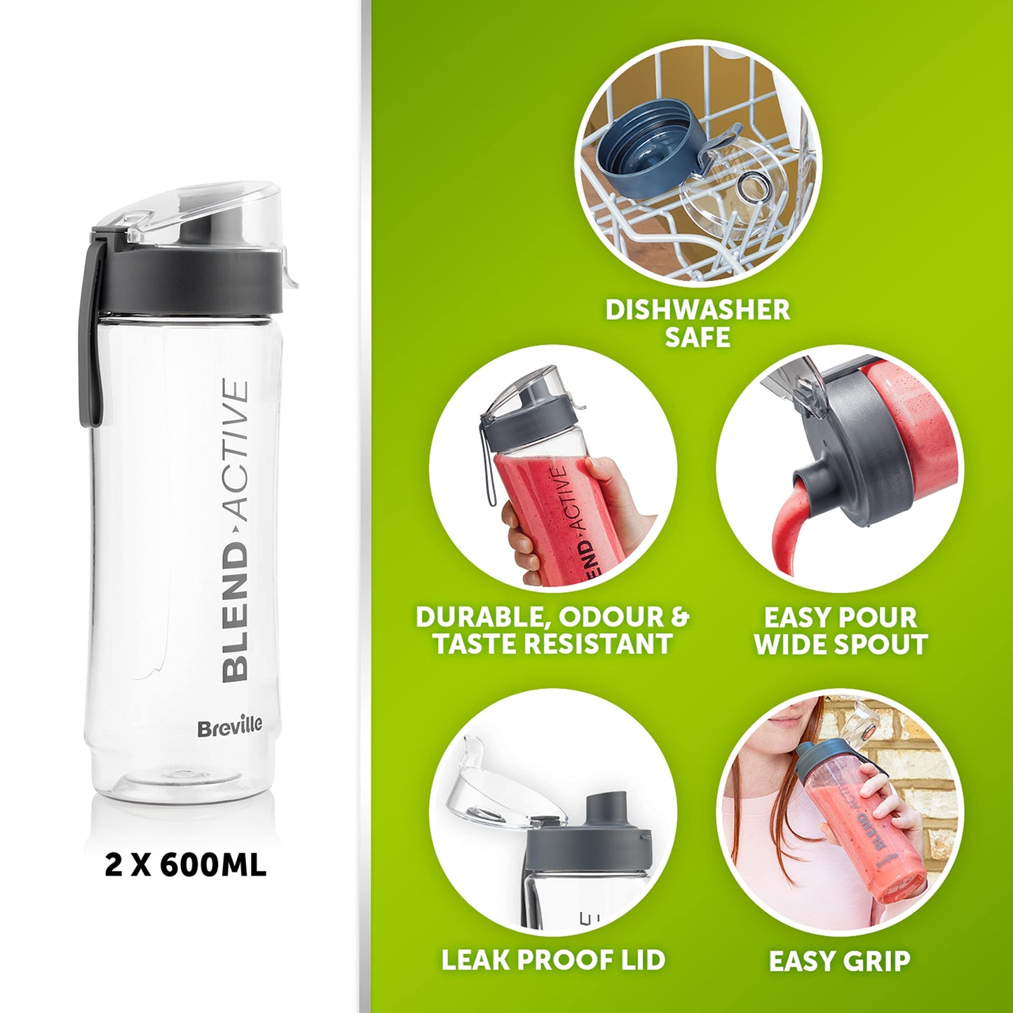 Breville Blend Active Personal Blender & Smoothie Maker | 350W | 2 Portable Blend Active Bottles (600ml) | Leak Proof Lids | White & Green [VBL246]