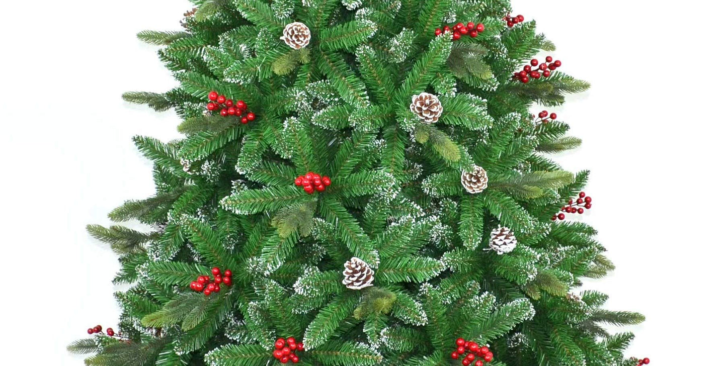 Stockholm Pine Artificial Designer Christmas Tree Berries & Frosted Cones Mixed PE PVC Tips Hinged Branches Bushy Xmas Holiday Home Decorations (4Ft/5FT/6Ft/7Ft/8Ft)