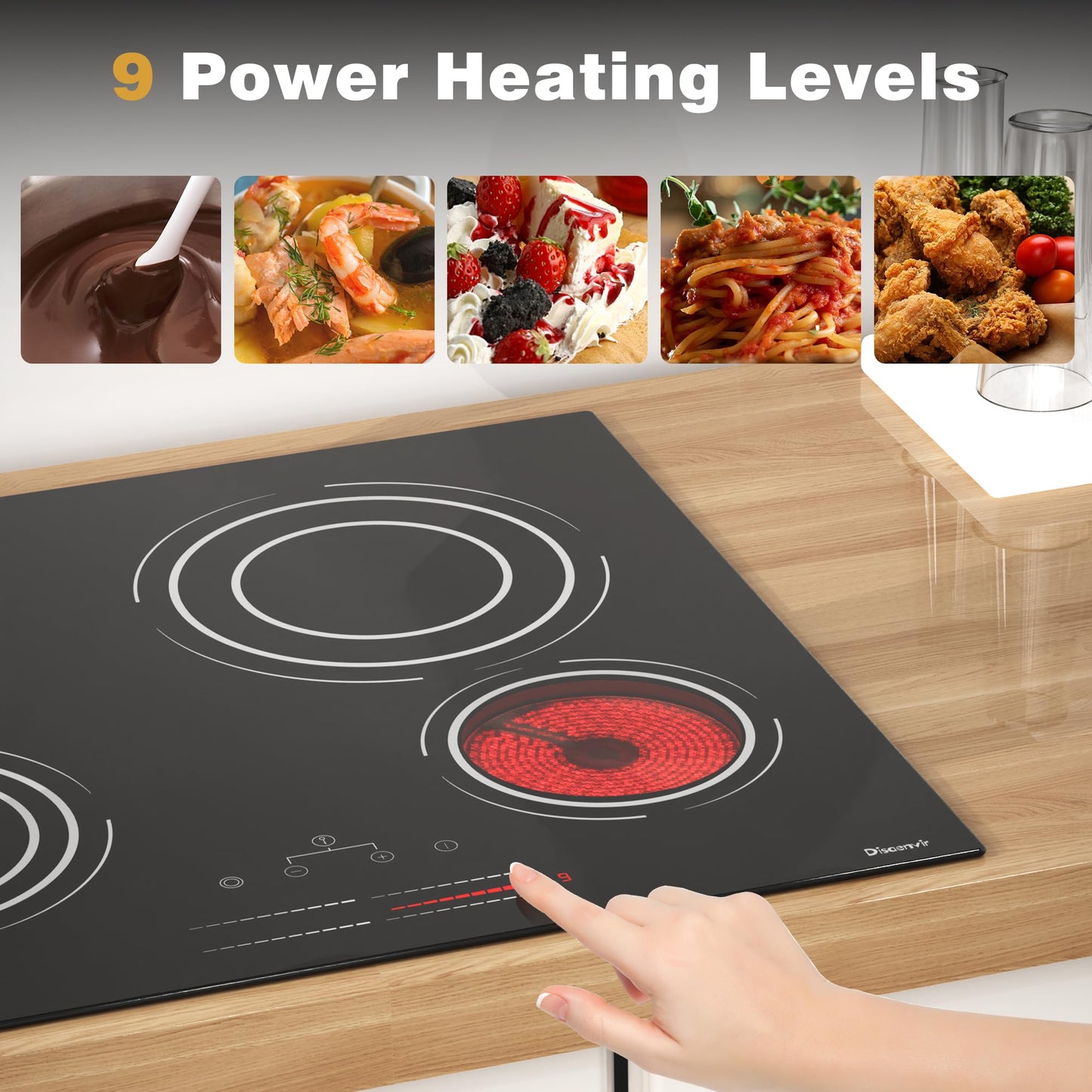 Disaenvir Ceramic Hob 4 Zone, 6600W Electric Hob Built in 4 Burners, 60cm Hard Wired Ceramic Cooker Cooktop with Dual Ring Function, Slide & Touch Control, 9 Power Levels, Safety Lock, Timer, Booster