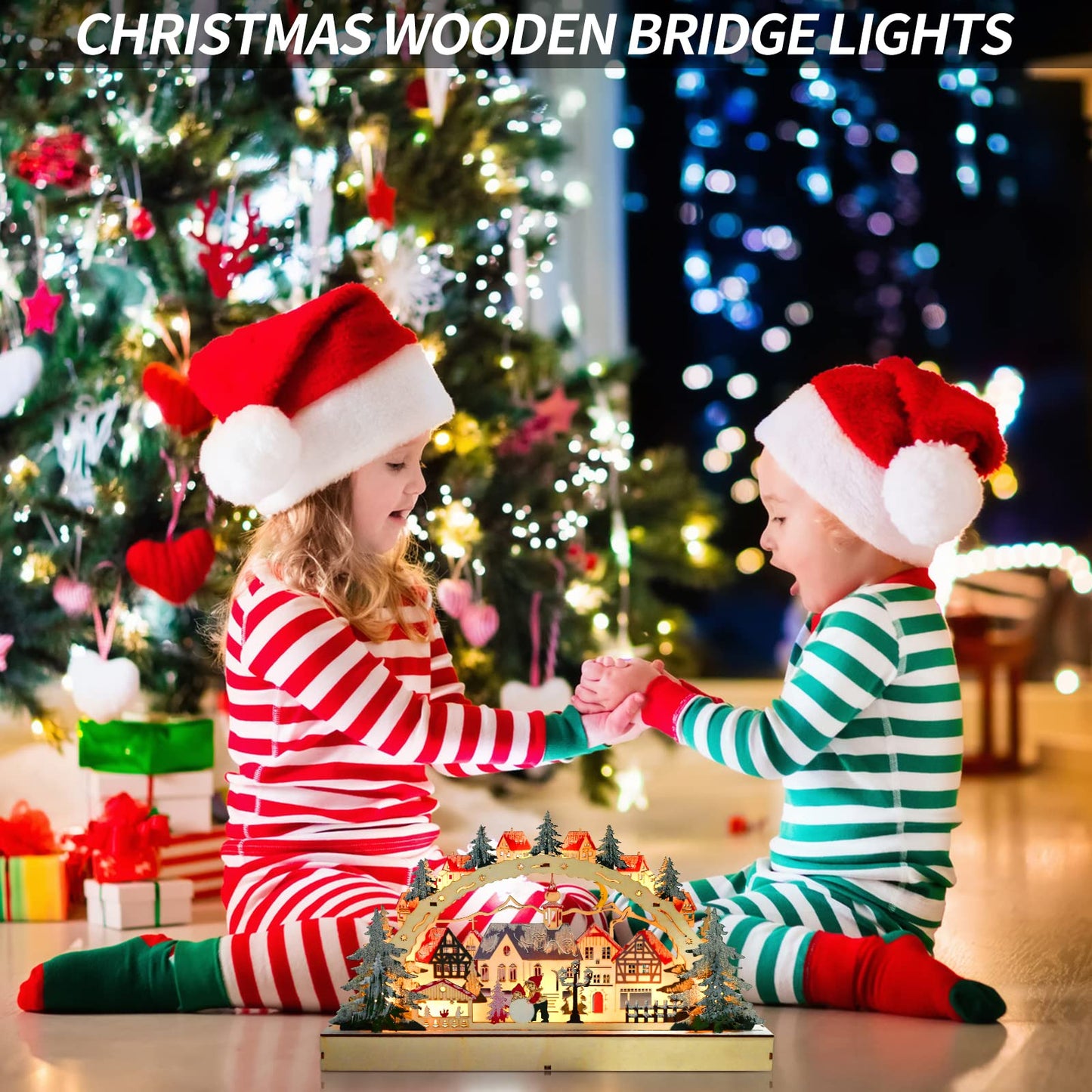 TSLBW Christmas Lights Wooden Festive Scenes LED Wooden Christmas Village Scene Wooden Illuminated Bridge Festive Window Decoration Ornament Indoor Christmas Decoration Battery Operated