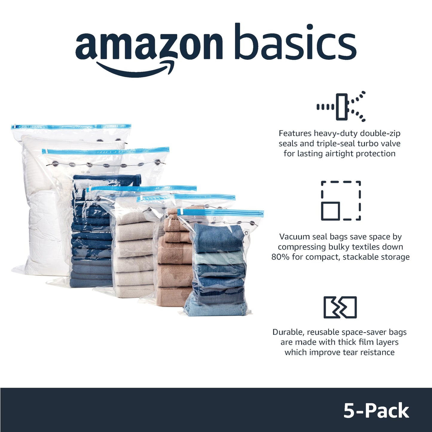 Amazon Basics Vacuum Compression Zipper Storage Bags with Airtight Valve and Hand Pump, Large, 5-Pack, Clear