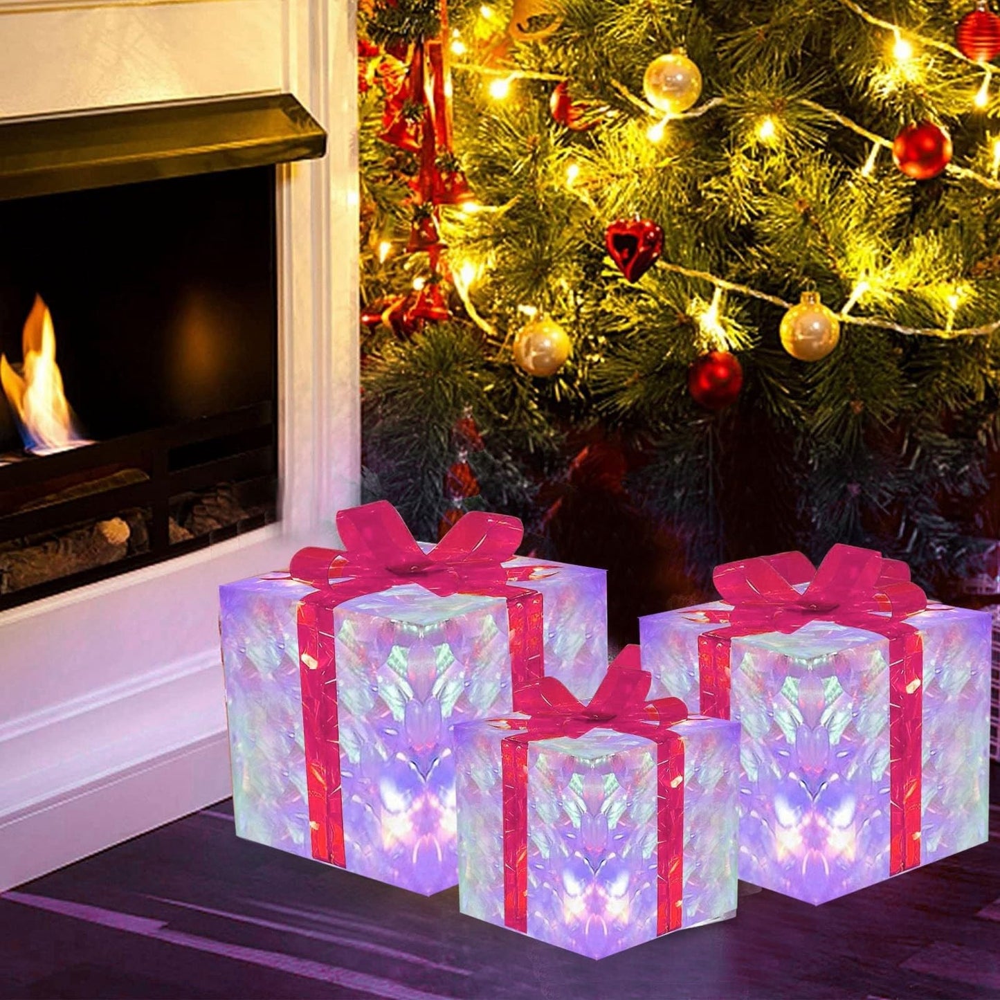 Christmas Decoration Christmas Glowing Decoration Gift,Ornament With Bow Christmas,Light Up Present Boxes Christmas,Christmas Light Under Xmas Tree Luminous Outdoor Decorative Gift (BC 19x19cmx5cm)