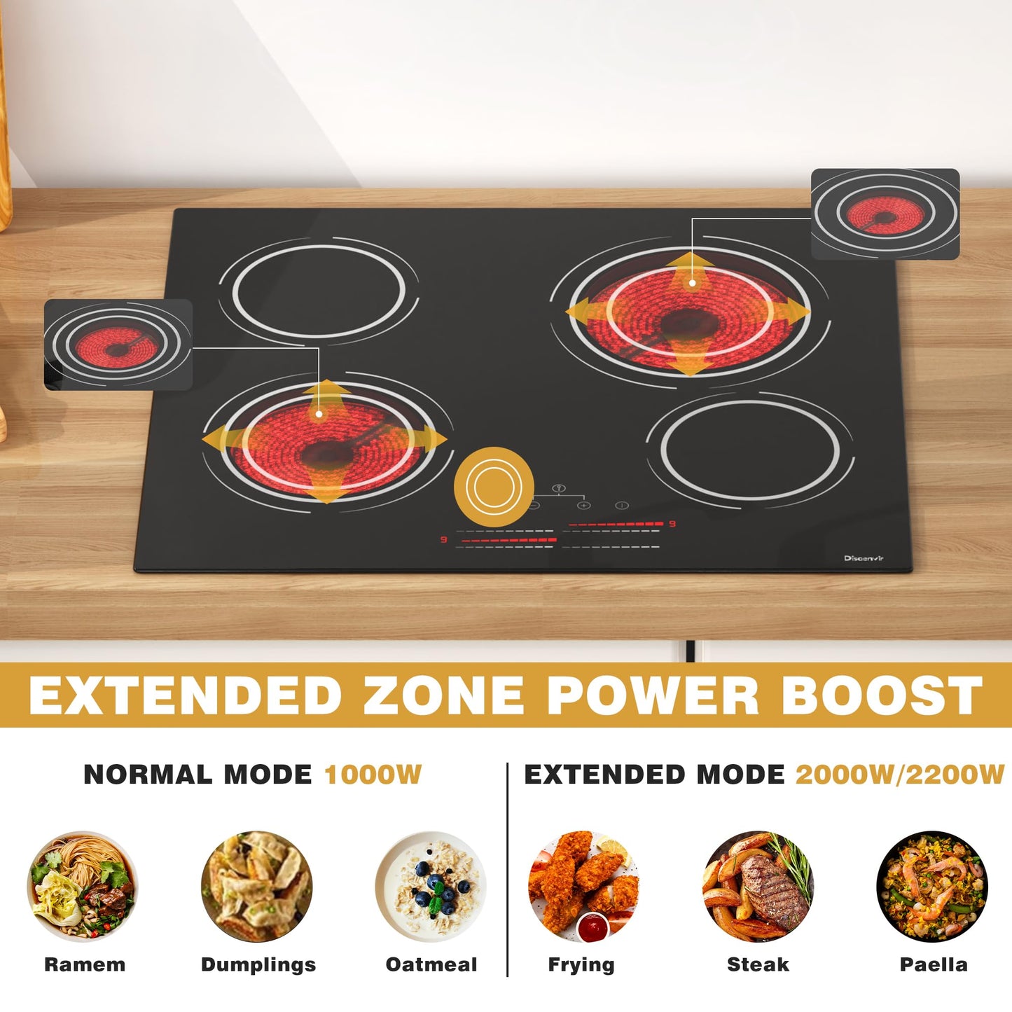 Disaenvir Ceramic Hob 4 Zone, 6600W Electric Hob Built in 4 Burners, 60cm Hard Wired Ceramic Cooker Cooktop with Dual Ring Function, Slide & Touch Control, 9 Power Levels, Safety Lock, Timer, Booster