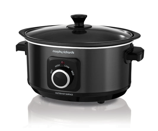 Morphy Richards 3.5L Sear & Stew Slow Cooker, Shatter Resistant Aluminium Pot, 3 Heat Settings, Hob Proof, Easy Clean, 163W, Black, 460012