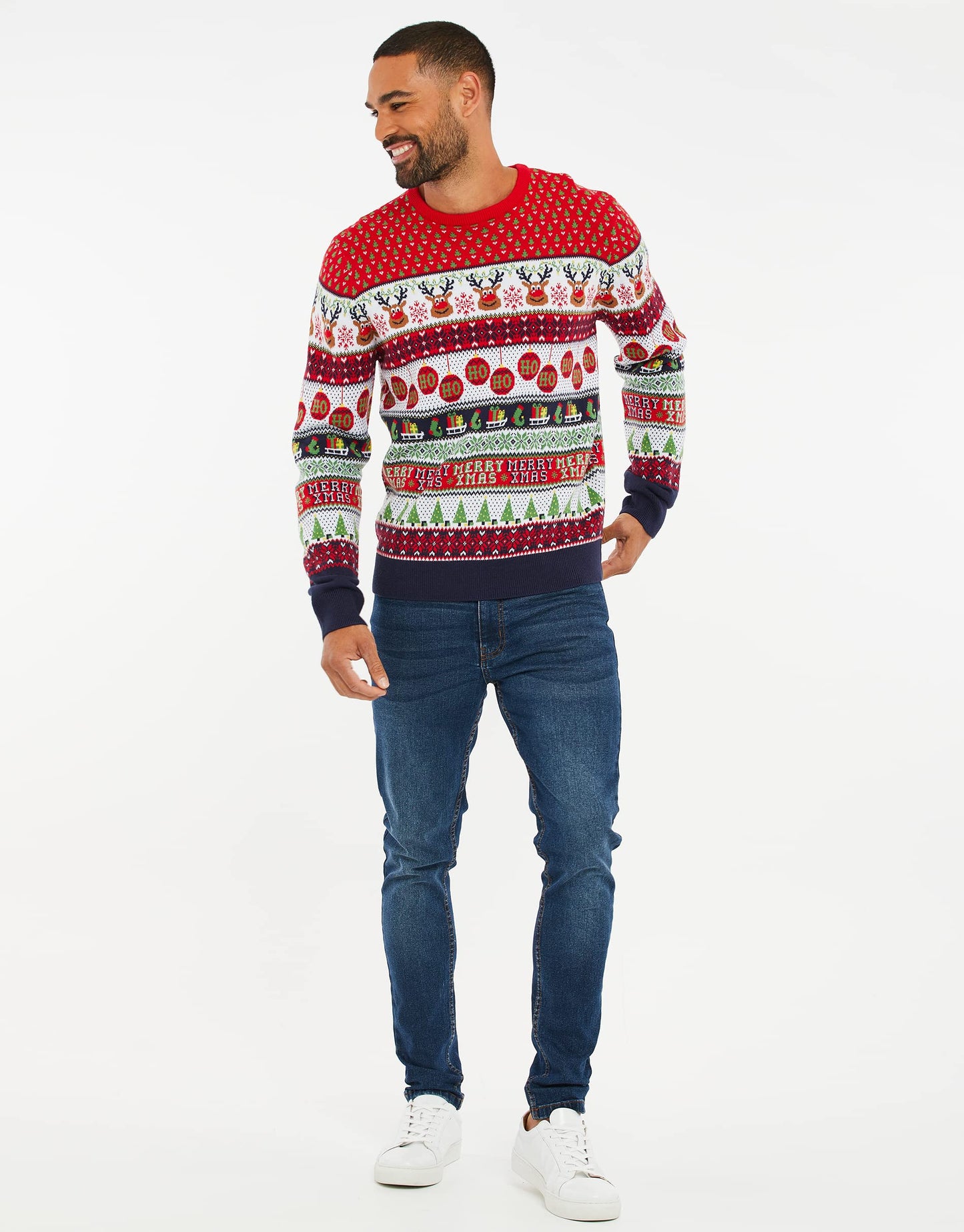 NOROZE Men's Christmas Jumper Novelty Fair Isle Sweater Chunky Knit Xmas Jumpers for Women Unisex Pullover (XL, Reindeer Stripe Ecru)