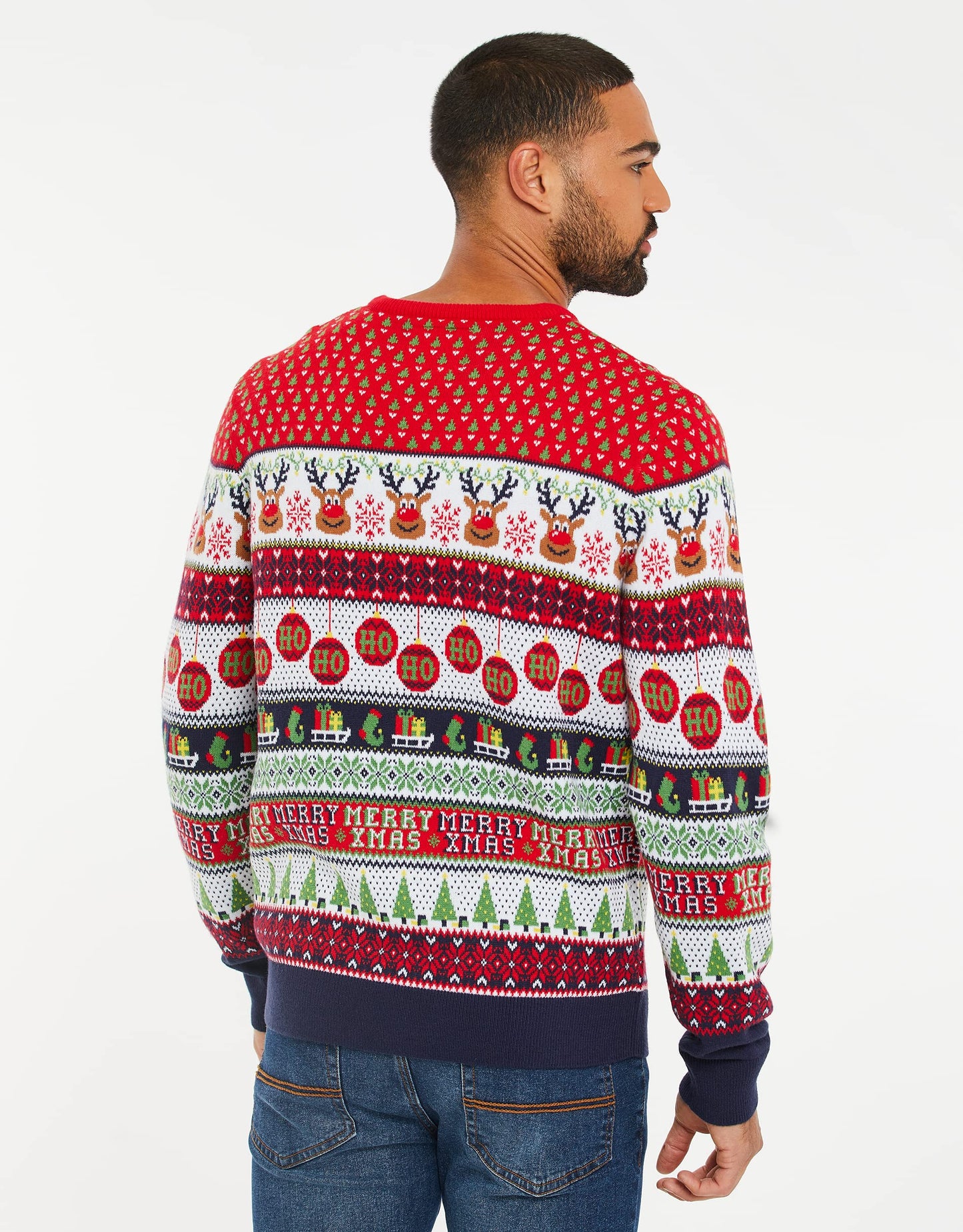 NOROZE Men's Christmas Jumper Novelty Fair Isle Sweater Chunky Knit Xmas Jumpers for Women Unisex Pullover (XL, Reindeer Stripe Ecru)