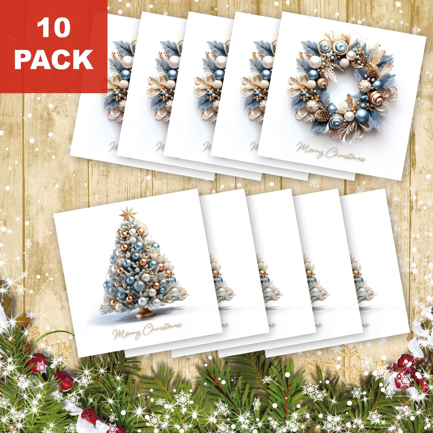 Charity Christmas Cards Pack of 10. Each Christmas Card pack contains 2 Wreath & Tree designs. Ecofriendly and UK made. Verse Inside. 150 x 150mm card size.