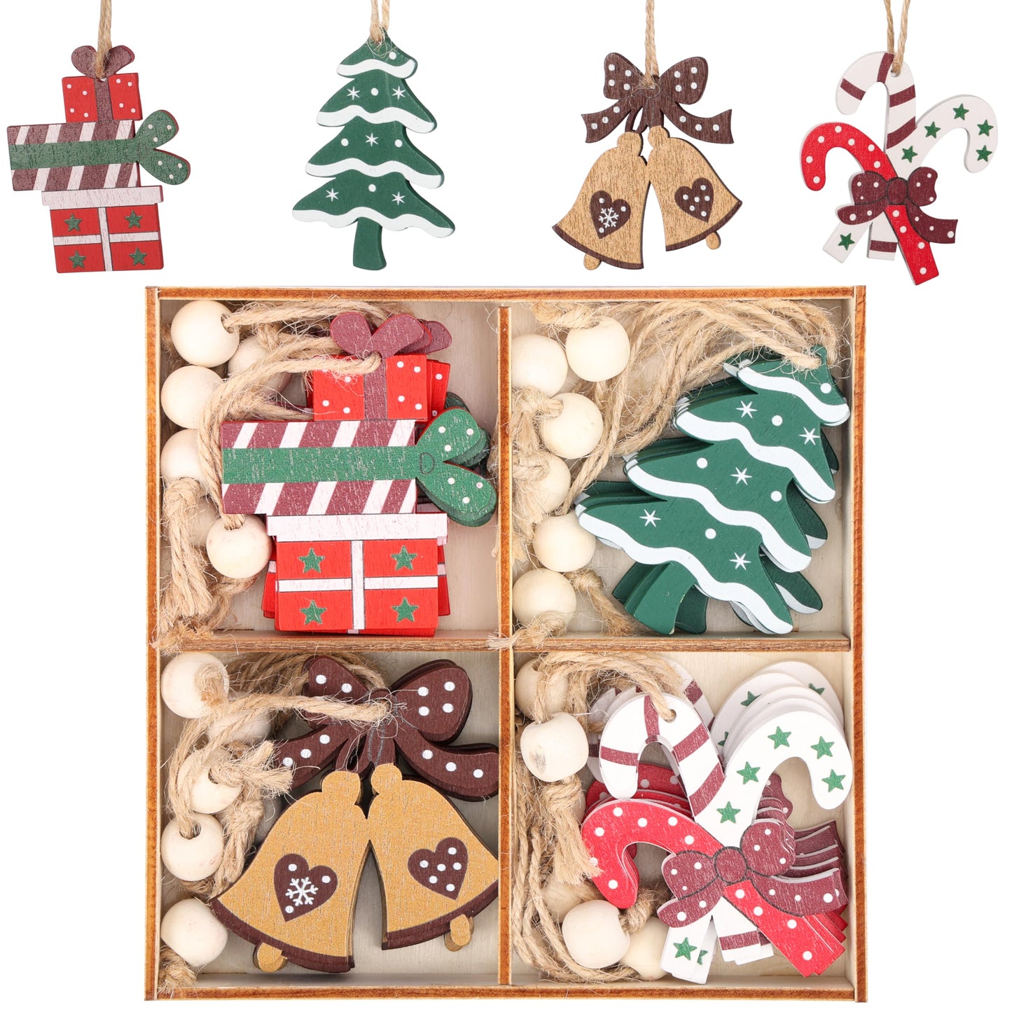 Belle Vous Wooden Christmas Tree Hanging Decoration Set (24 Pack) - White, Red and Green Xmas-Themed Wood Ornaments - Trees, Gifts, Bells and Canes