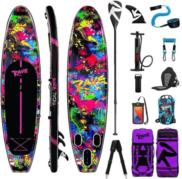 Tidal Rave Neon Inflatable Stand Up Paddle SUP Board 10'6ft with Accessories